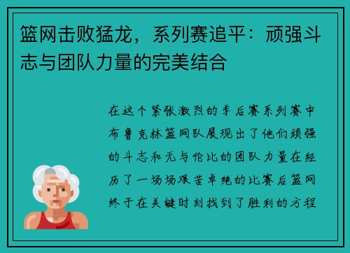 篮网击败猛龙，系列赛追平：顽强斗志与团队力量的完美结合
