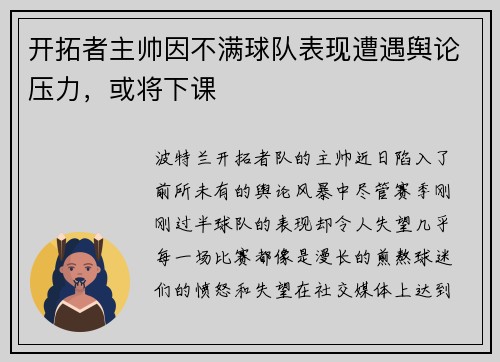 开拓者主帅因不满球队表现遭遇舆论压力，或将下课